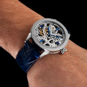 Master Mason Blue Lodge Wristwatch -  Silver Skeleton With Blue Leather Strap