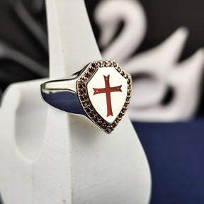 Knights Templar Ring - Red Enamel Cross Shield Shape - Bricks Masons