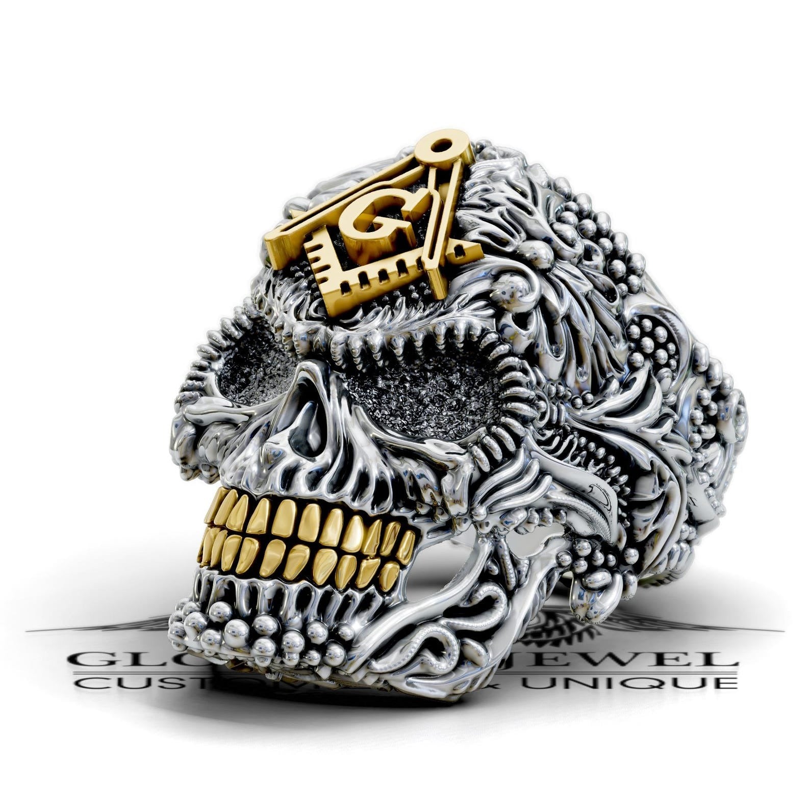 Master Mason Blue Lodge Ring - Skull Square & Compass G Various Materials - Bricks Masons