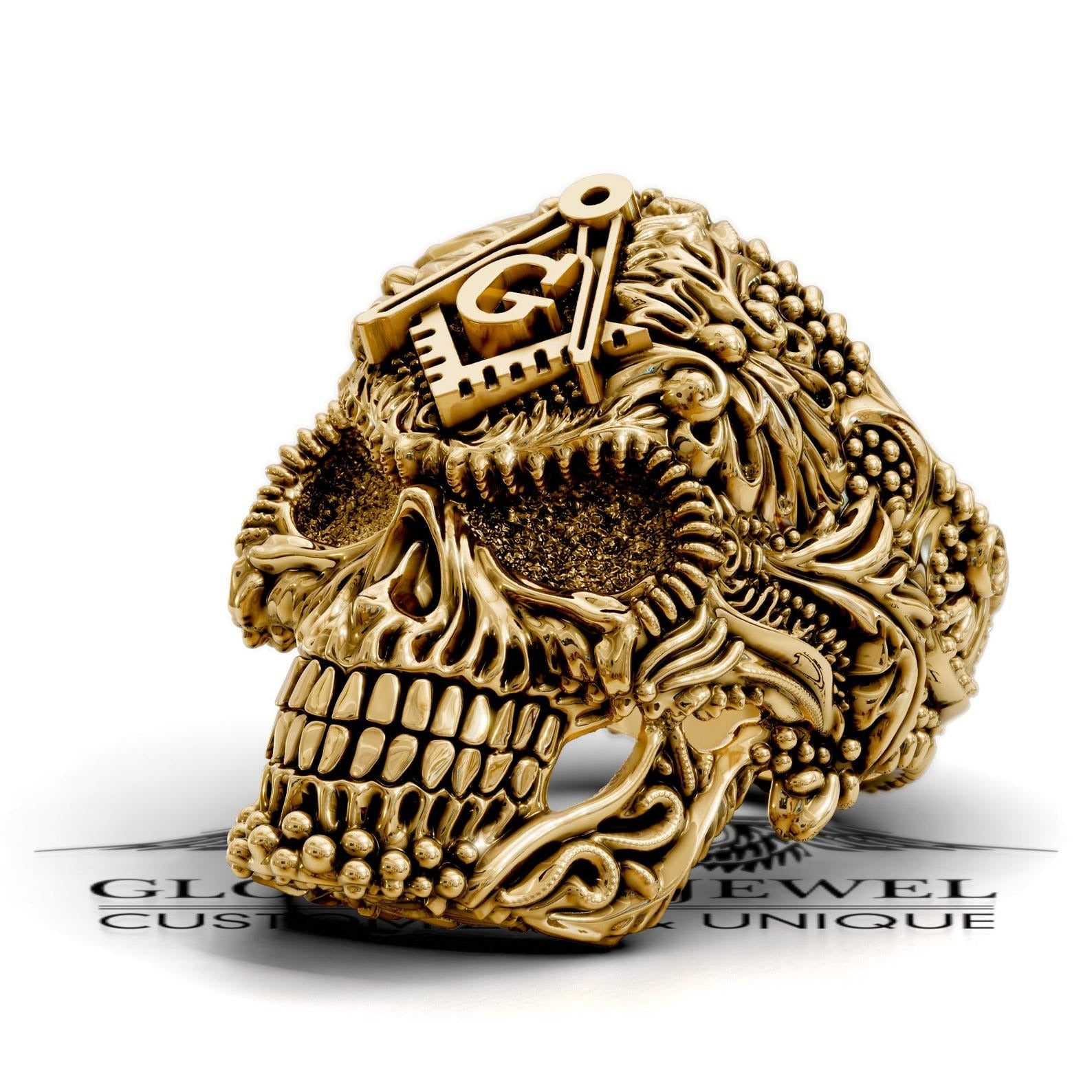 Master Mason Blue Lodge Ring - Skull Square & Compass G Various Materials - Bricks Masons