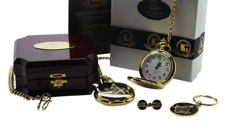 Master Mason Blue Lodge Pocket Watch - 24k Gold Keychain Full Hunter and Lapel Pin