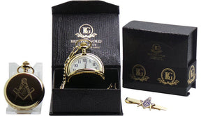 Master Mason Blue Lodge Pocket Watch - 24k Clad Gold Tie Clip Gift Set - Bricks Masons