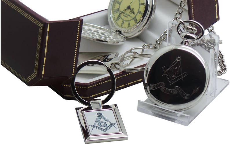Master Mason Blue Lodge Pocket Watch - Full Hunter Real Silver Plated with Keyring Compass - Bricks Masons