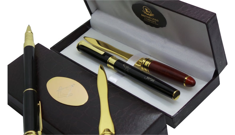 Master Mason Blue Lodge Letter Opener - 24k Gold Clad Engraved & Rollerball Pen Gift Set