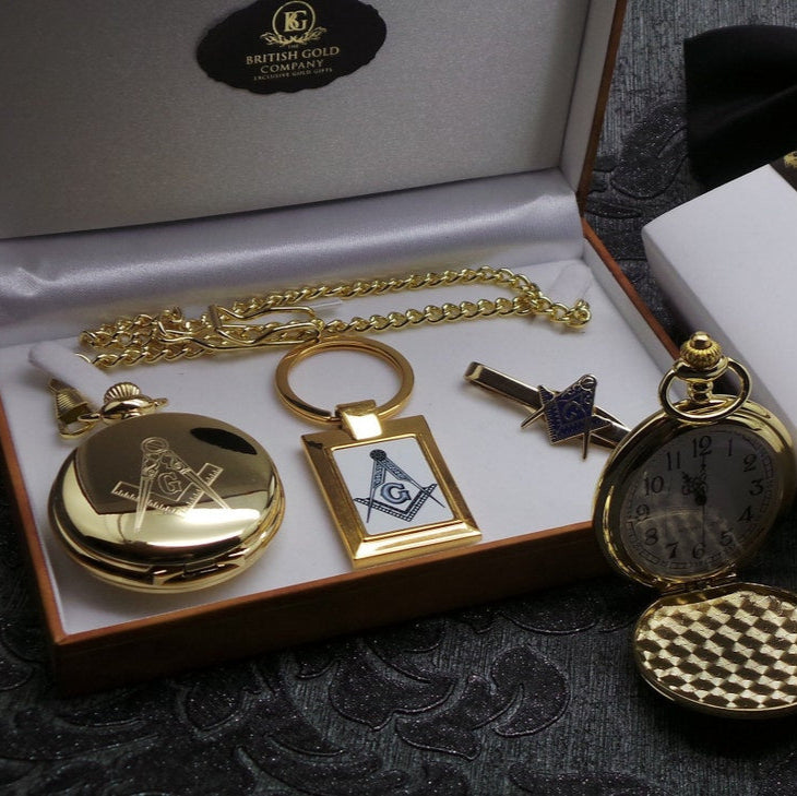 Master Mason Blue Lodge Pocket Watch - With 24k Gold Clad Keyring Tie Clip Gift Set - Bricks Masons