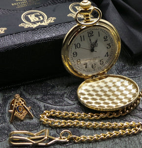 Master Mason Blue Lodge Pocket Watch - 24k Gold Lapel Pin Badge and Hunter Case Personalised - Bricks Masons