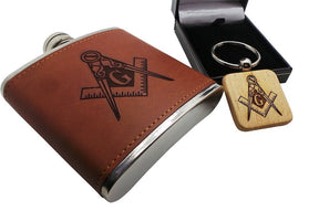 Master Mason Blue Lodge Flask- Keychain Crest Logo Wooden Metal