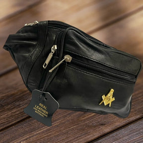 Master Mason Blue Lodge Waist Bag - Genuine Leather 24k Gold Clad Emblem - Bricks Masons
