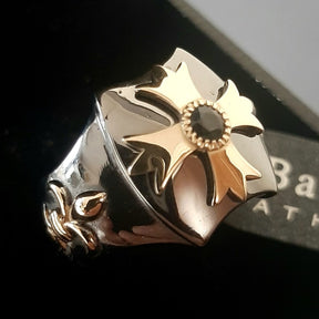 Order Of Malta Ring - Blackened Sterling Silver Blue-Green Sapphire