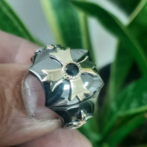 Order Of Malta Ring - Blackened Sterling Silver Blue-Green Sapphire
