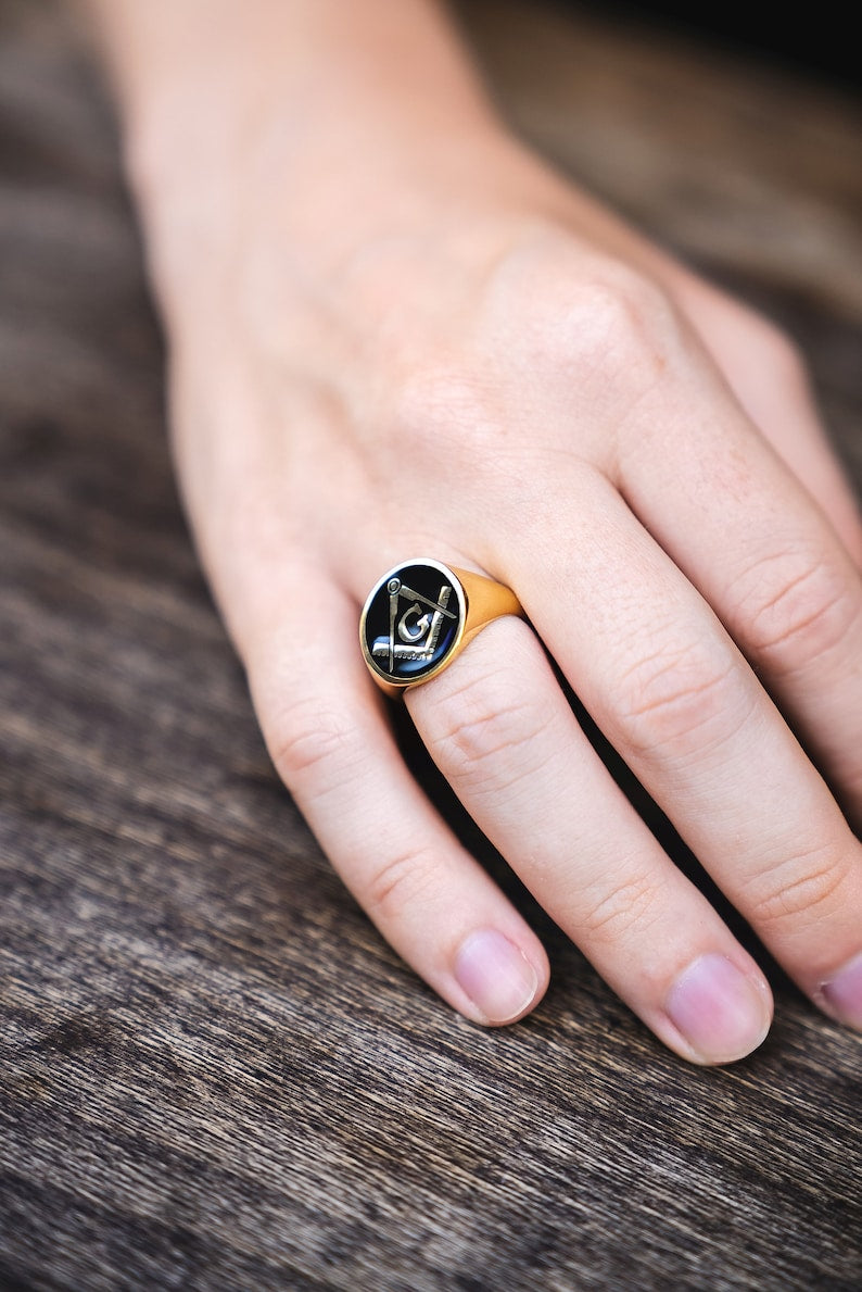 Master Mason Blue Lodge Ring - Gold With Black Enamel 9K to 18k Solid Gold