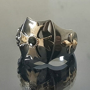 Order Of Malta Ring - Blackened Sterling Silver Blue-Green Sapphire