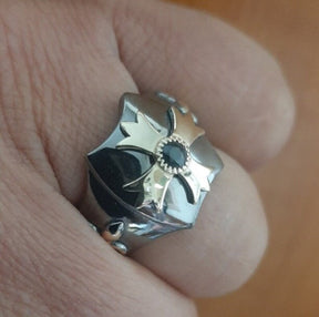 Order Of Malta Ring - Blackened Sterling Silver Blue-Green Sapphire
