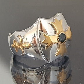 Order Of Malta Ring - Blackened Sterling Silver Blue-Green Sapphire