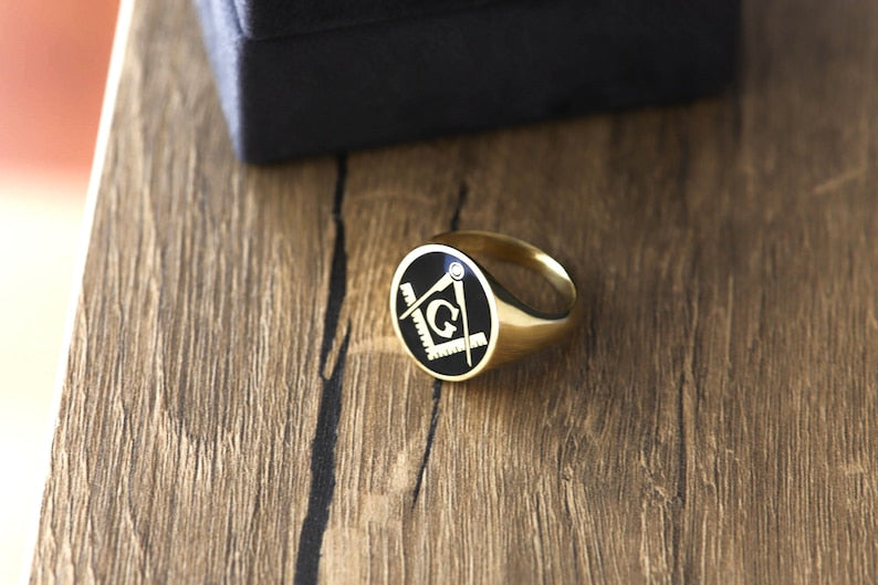 Master Mason Blue Lodge Ring - Gold With Black Enamel 9K to 18k Solid Gold