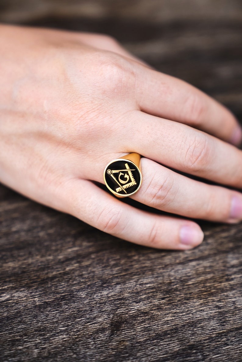 Master Mason Blue Lodge Ring - Gold With Black Enamel 9K to 18k Solid Gold