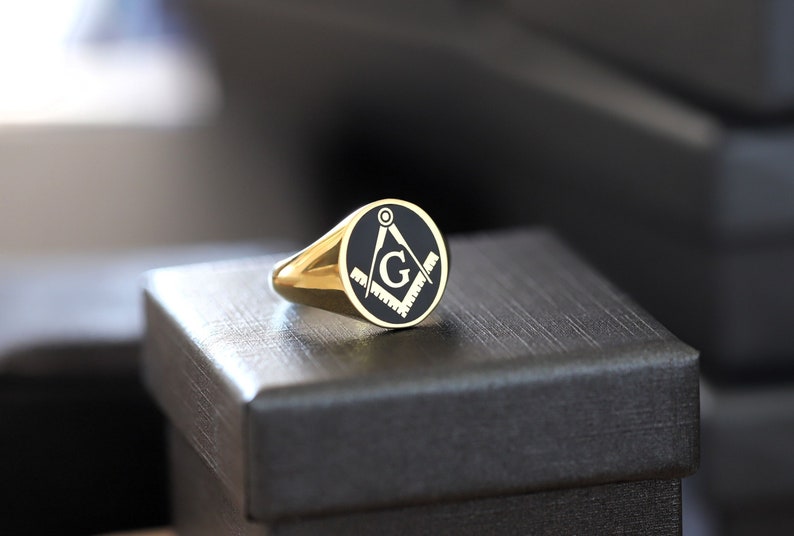 Master Mason Blue Lodge Ring - Gold With Black Enamel 9K to 18k Solid Gold