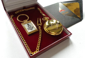 Master Mason Blue Lodge Pocket Watch - 24k Gold Plated Quality Keychain With PW Luxury Gift Case - Bricks Masons