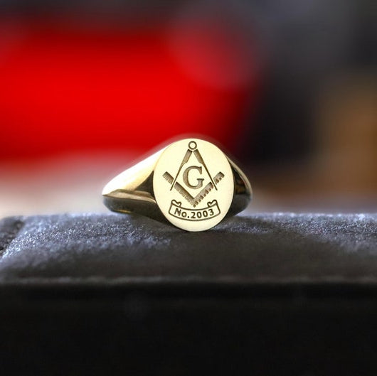 Master Mason Blue Lodge Ring - Solid Gold Customized Lodge Number - Bricks Masons