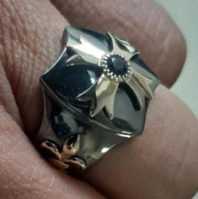 Knights Templar Ring - Gold Plated Cross Sterling Silver & Blue Sapphire