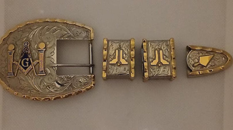 Master Mason Blue Lodge Belt Buckle - Silver Ranger Buckle Set Columns & Trowel