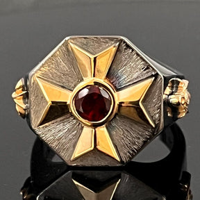 Order Of Malta Ring - Blackened Sterling Silver Garnet & Diamond
