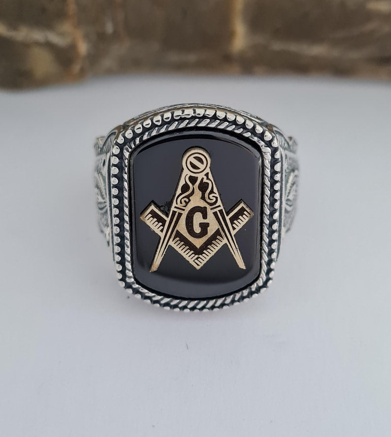 Master Mason Blue Lodge Ring - Handmade Sterling Silver Onyx - Bricks Masons