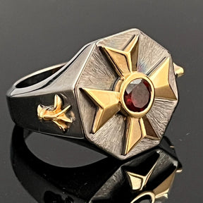 Order Of Malta Ring - Blackened Sterling Silver Garnet & Diamond
