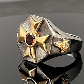 Order Of Malta Ring - Blackened Sterling Silver Garnet & Diamond