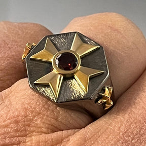 Order Of Malta Ring - Blackened Sterling Silver Garnet & Diamond