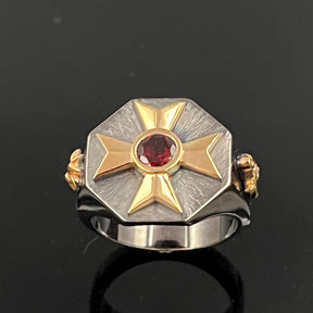 Order Of Malta Ring - Blackened Sterling Silver Garnet & Diamond