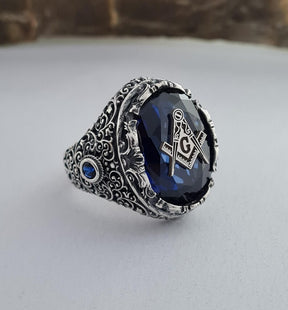 Master Mason Blue Lodge Ring - Blue Sapphire - Bricks Masons