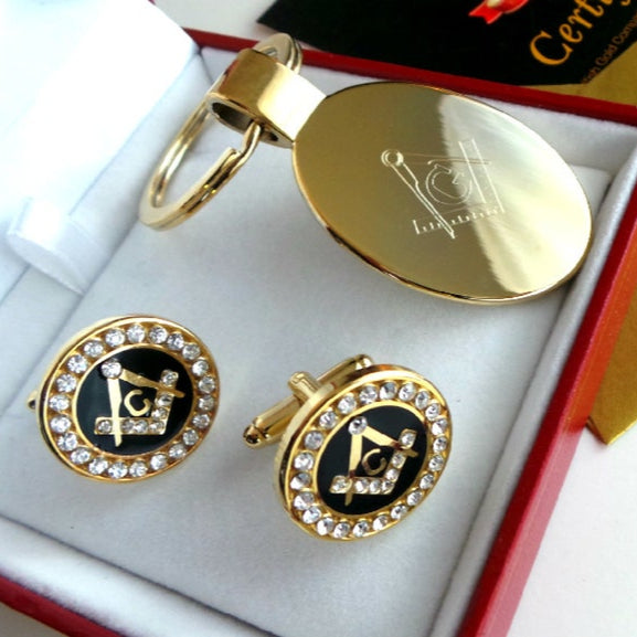 Master Mason Blue Lodge Keychain - 24k Gold Cufflinks Presentation Case with Certificate - Bricks Masons
