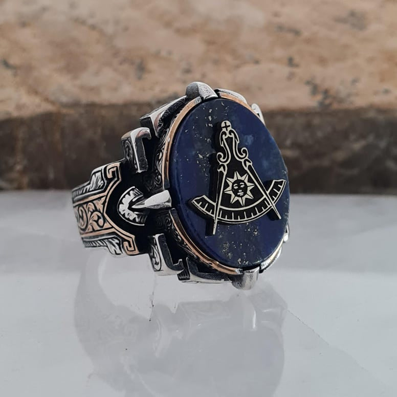 Master Mason Blue Lodge Ring - Handmade Sterling Silver Lapis Lazuli - Bricks Masons