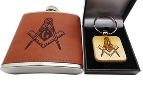 Master Mason Blue Lodge Flask- Keychain Crest Logo Wooden Metal