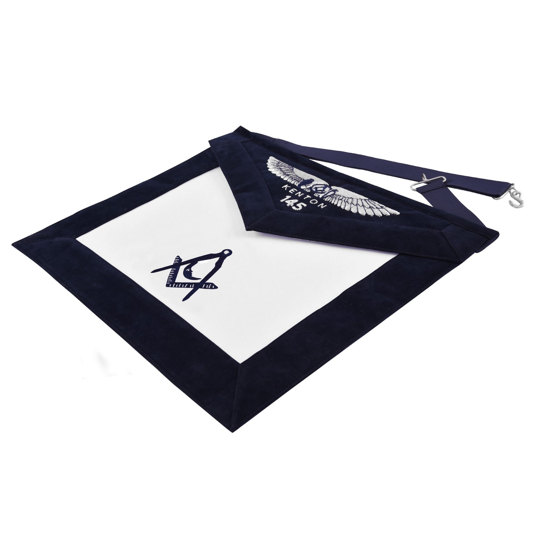 Junior Deacon Blue Lodge Officer Apron - Kenton Lodge Navy Velvet With Silver Embroidery Thread - Bricks Masons