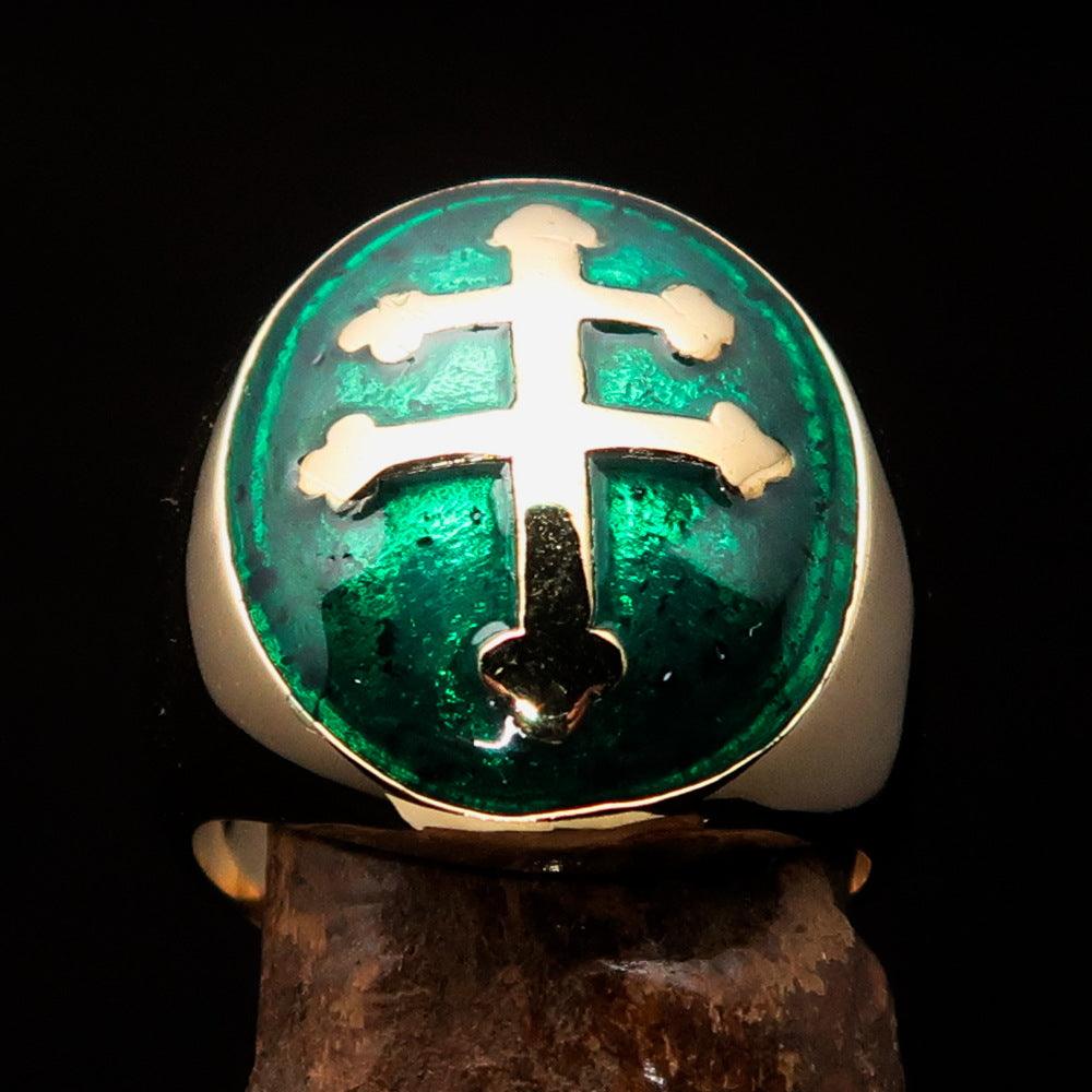 Knights Templar Ring - Green Brass Lorraine Cross