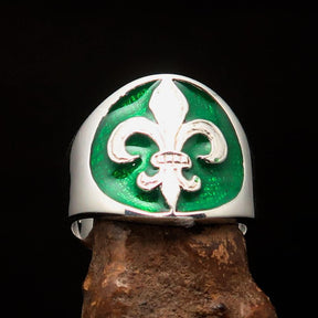 Knights Templar Ring - Green Fleur De Lis Sterling Silver