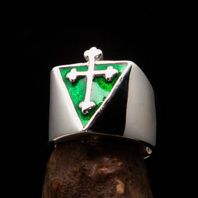 Knights Templar Ring - Silver & Green Cross Sterling Silver