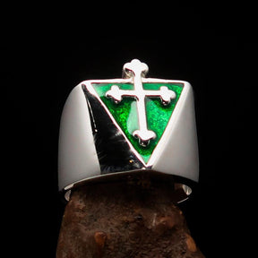 Knights Templar Ring - Silver & Green Cross Sterling Silver