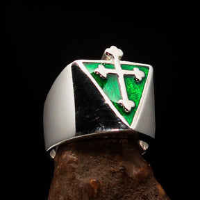 Knights Templar Ring - Silver & Green Cross Sterling Silver