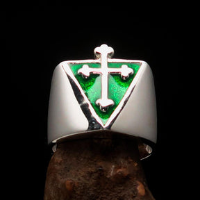 Knights Templar Ring - Silver & Green Cross Sterling Silver