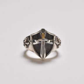 Knights Templar Ring - Silver Zinc Alloy Templar Sword & Shield - Bricks Masons