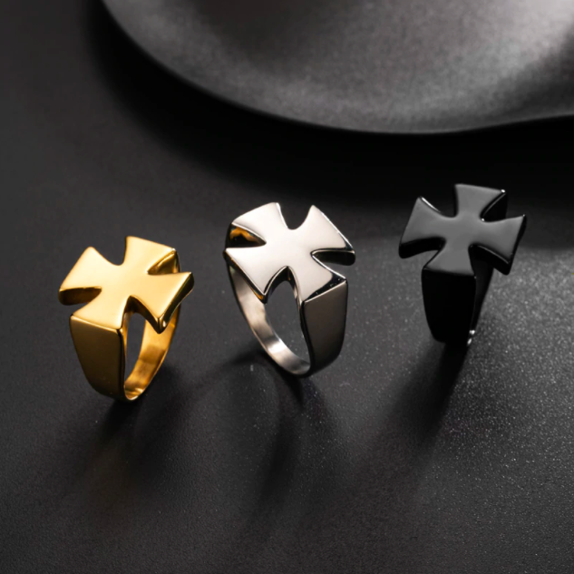 Knights Templar Ring - Stainless Steel Polished Signet [Silver, Black, Gold] - Bricks Masons