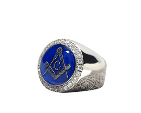 Master Mason Blue Lodge Ring - White Gold Plated With Blue - Bricks Masons