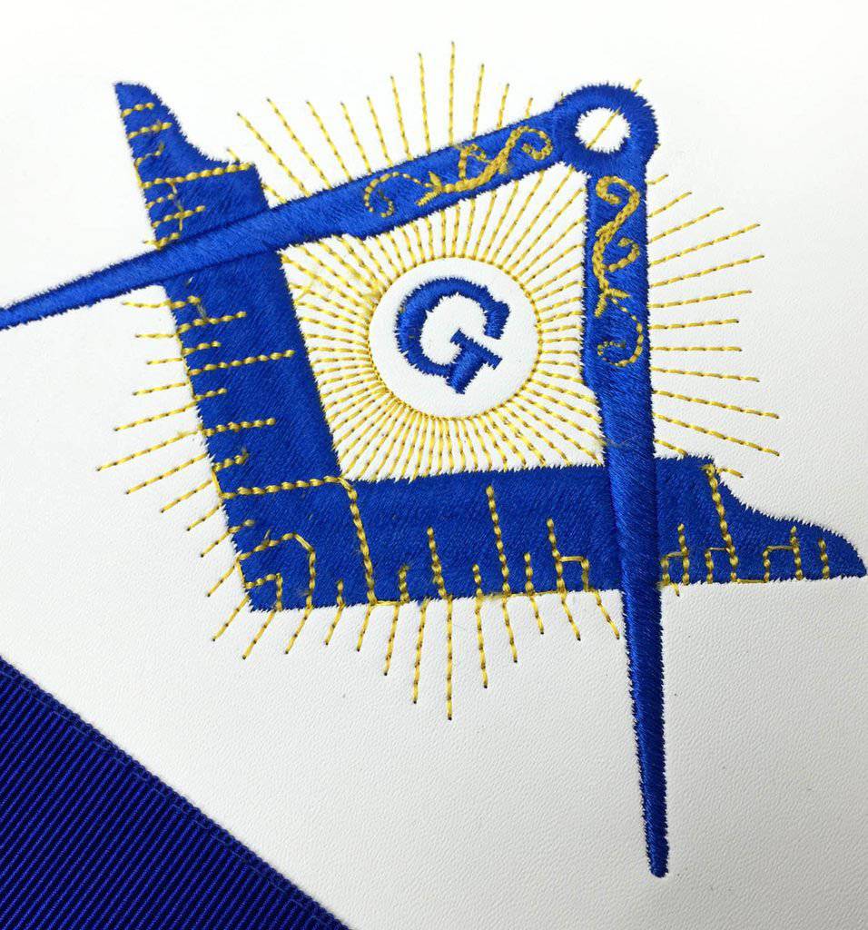Master Mason Blue Lodge Apron - White & Navy Blue Machine Embroidery - Bricks Masons