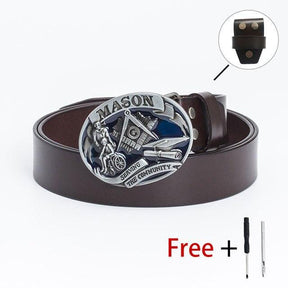 Master Mason Blue Lodge Belt - Serving The Community Square & Compass G (Coffee/Black) - Bricks Masons