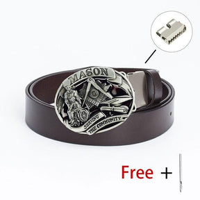 Master Mason Blue Lodge Belt - Serving The Community Square & Compass G (Coffee/Black) - Bricks Masons