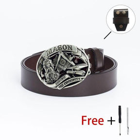 Master Mason Blue Lodge Belt - Serving The Community Square & Compass G (Coffee/Black) - Bricks Masons
