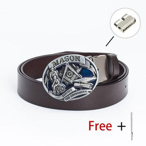 Master Mason Blue Lodge Belt - Serving The Community Square & Compass G (Coffee/Black) - Bricks Masons